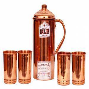 Tactware Brown Color Copper Jug - 2000 ml and 4 Glass Sets